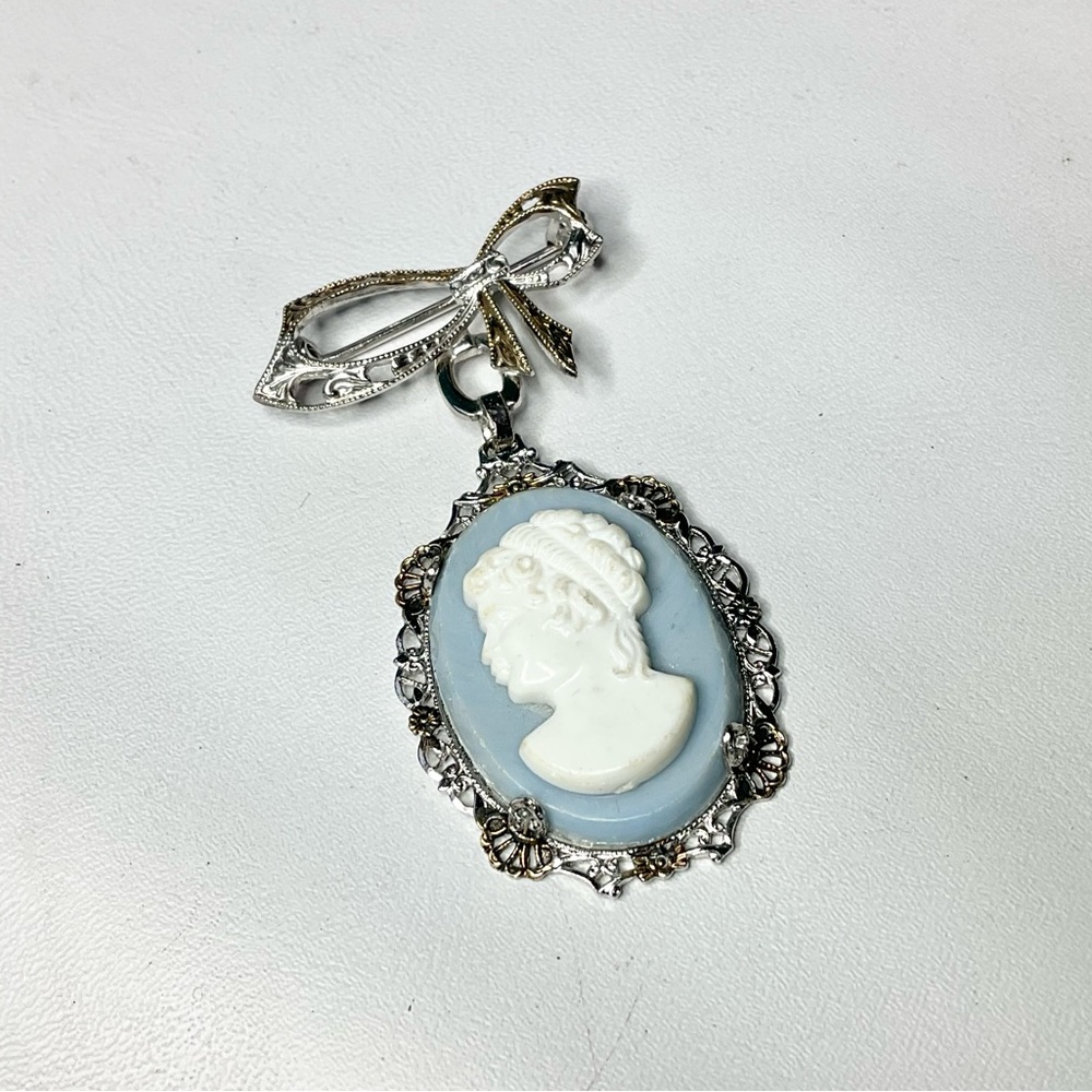 Vintage Art Deco Sterling Silver Cameo Bow Brooch Pin
